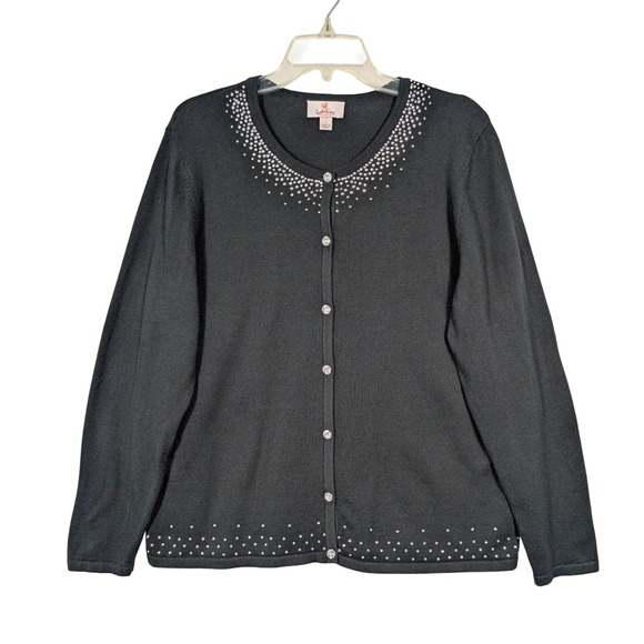 The Quaker Factory Sweaters - L‎ Quaker Factory Women's Black Cardigan Rhinestone Embellished Button Front
